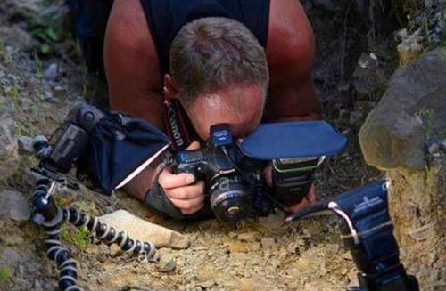 男子在野外石堆里发现一小洞穴，查看后立刻拍照