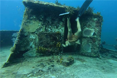 潜水员潜入海底，发现一艘沉没已久的船，镜头拍下船内的壮观景象