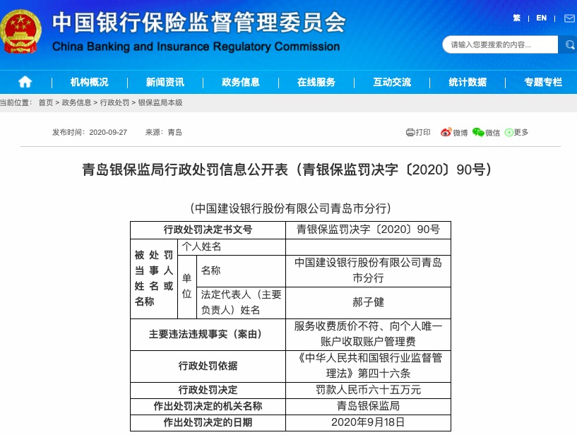 建设银行|向个人唯一账户收取管理费 建设银行青岛分行被罚65万