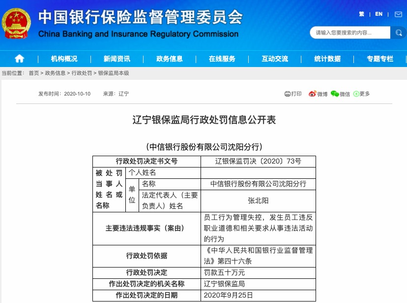 罚款|员工行为管理失控，中信银行沈阳分行被罚款50万元