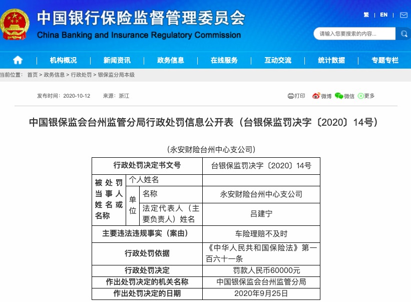 台州|车险理赔不及时 永安财险台州中心支公司被罚6万元