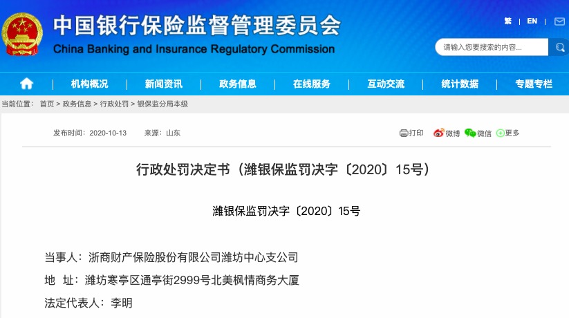 潍坊|因编制提供虚假文件，浙商财险潍坊中心支公司被罚26万