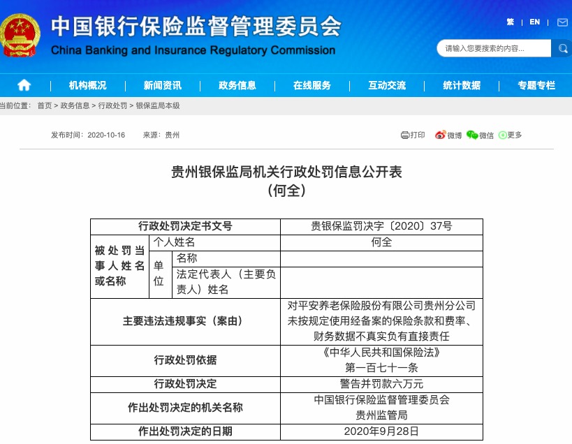 贵州|因财务数据不真实等，平安养老保险贵州分公司被罚35万